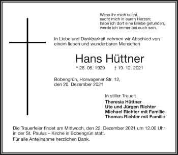 Traueranzeige von Hans Hüttner von Frankenpost
