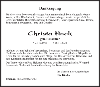 Traueranzeige von Christa Huck von Südthüringer Presse