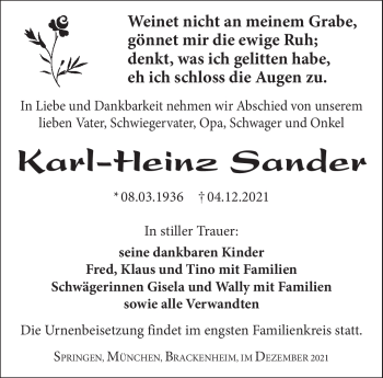Traueranzeige von Karl-Heinz Sander von Südthüringer Presse
