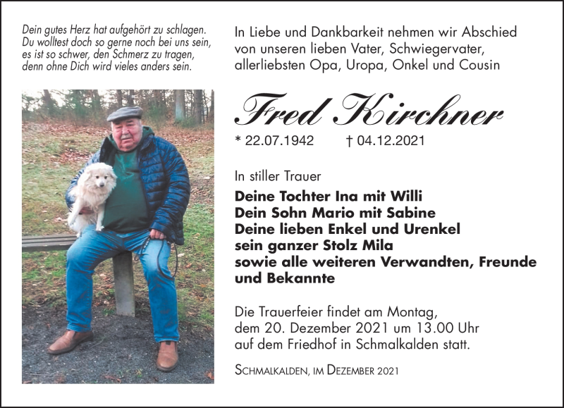  Traueranzeige für Fred Kirchner vom 11.12.2021 aus Südthüringer Presse