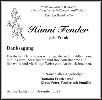 Traueranzeige von Hanni Fender von Südthüringer Presse