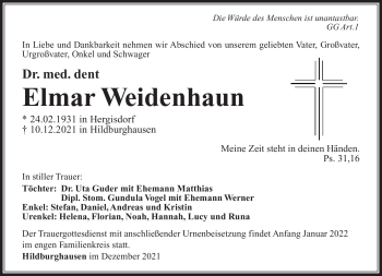 Traueranzeige von Elmar Weidenbaum von Südthüringer Presse