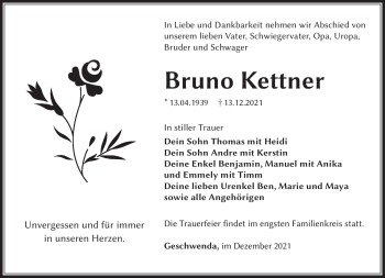Traueranzeige von Bruno Kettner von Südthüringer Presse