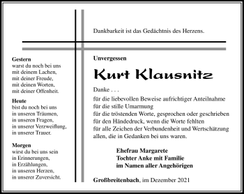 Traueranzeige von Kurt Klausnitz von Südthüringer Presse