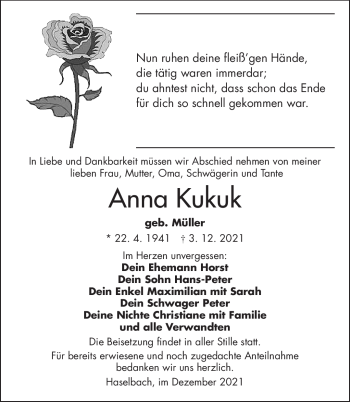 Traueranzeige von Anna Kukuk von Südthüringer Presse