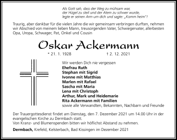 Traueranzeige von Oskar Ackermann von Südthüringer Presse