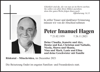 Traueranzeige von peter Hagen von Neue Presse Coburg