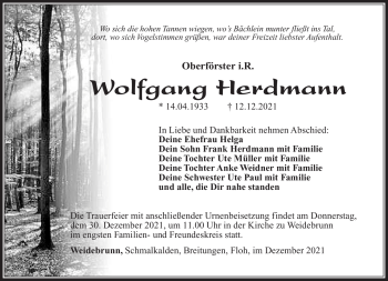 Traueranzeige von Wolfgang Herdmann von Südthüringer Presse