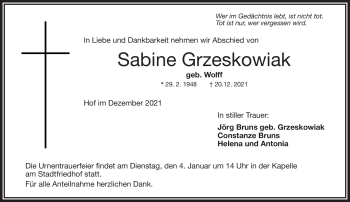 Traueranzeige von Sabine Grzeskowiak von Frankenpost