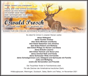 Traueranzeige von Oswald Prosch von Südthüringer Presse