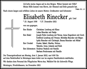 Traueranzeige von Elisabeth Rinecker von Südthüringer Presse