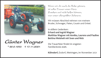 Traueranzeige von Günter Wagner von Südthüringer Presse
