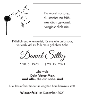Traueranzeige von Daniel Sittig von Südthüringer Presse