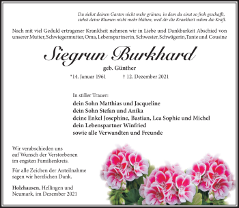Traueranzeige von Siegrun Burkhard von Südthüringer Presse