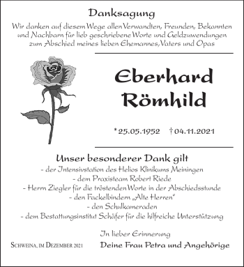 Traueranzeige von Eberhard Römhild von Südthüringer Presse