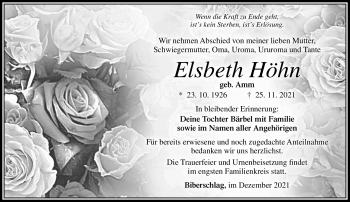 Traueranzeige von Elsbeth Höhn von Südthüringer Presse