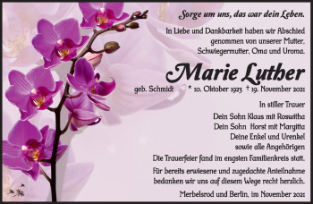 Traueranzeige von Marie Luther von Südthüringer Presse