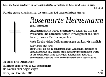 Traueranzeige von Rosemarie Heinemann von Südthüringer Presse