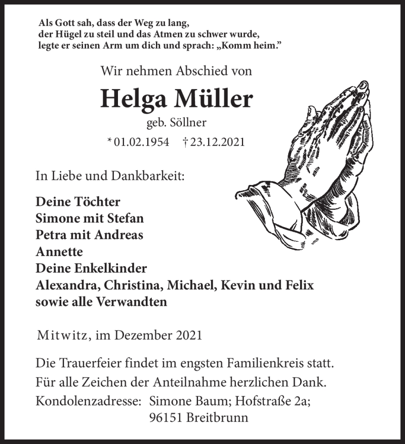  Traueranzeige für Helga Müller vom 31.12.2021 aus Neue Presse Coburg