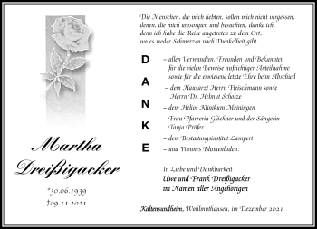 Traueranzeige von Marth Dreißigacker von Südthüringer Presse