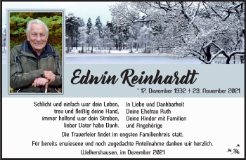 Traueranzeige von Edwin Reinhardt von Südthüringer Presse