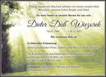 Traueranzeige von Dieter Wiezorek von Südthüringer Presse