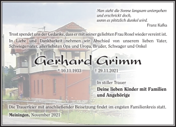 Traueranzeige von Gerhard Grimm von Südthüringer Presse
