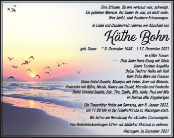 Traueranzeige von Käthe Bohn von Südthüringer Presse