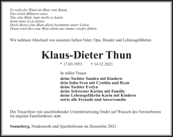 Traueranzeige von Klaus-Dieter Thun von Südthüringer Presse