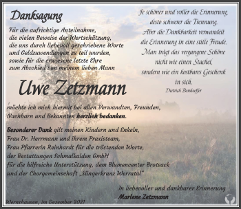 Traueranzeige von Uwe Zetzmann von Südthüringer Presse