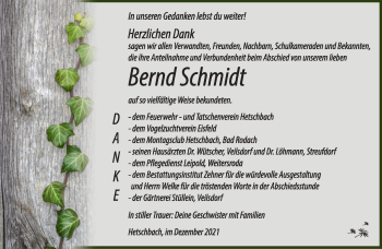 Traueranzeige von Bernd Schmidt von Südthüringer Presse
