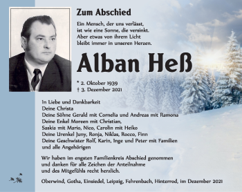 Traueranzeige von Alban Heß von Südthüringer Presse
