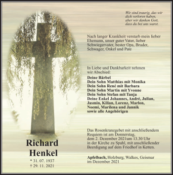 Traueranzeige von Richard Henkel von Südthüringer Presse