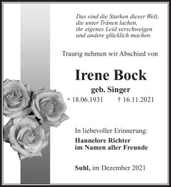 Traueranzeige von Irene Bock von Südthüringer Presse