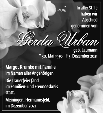 Traueranzeige von Gerda Urban von Südthüringer Presse