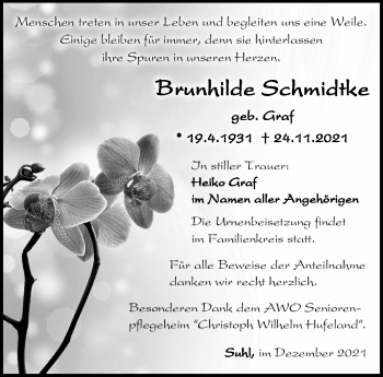 Traueranzeige von Brunhilde Schmidtke von Südthüringer Presse