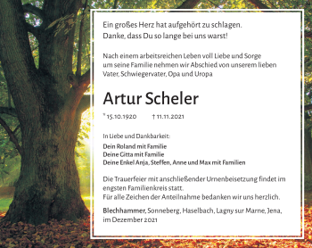 Traueranzeige von Artur Scheler von Südthüringer Presse