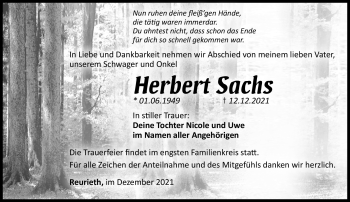 Traueranzeige von Herbert Sachs von Südthüringer Presse