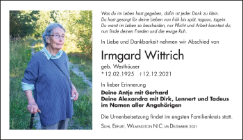 Traueranzeige von Irmgard Wittrich von Südthüringer Presse