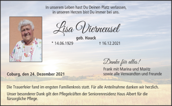 Traueranzeige von Lisa Vierneusel von Neue Presse Coburg