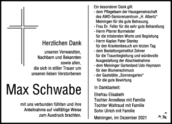 Traueranzeige von Max Schwabe von Südthüringer Presse