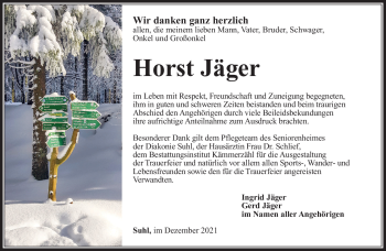 Traueranzeige von Horst Jäger von Südthüringer Presse