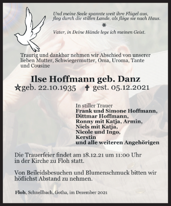Traueranzeige von Ilse Hofmann von Südthüringer Presse