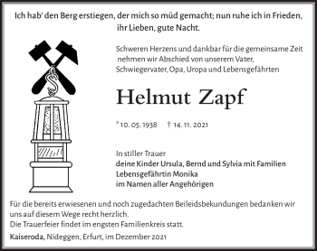 Traueranzeige von Helmut Zapf von Südthüringer Presse