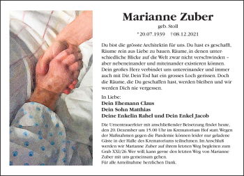 Traueranzeige von Marianne Zuber von Frankenpost