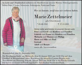 Traueranzeige von Marie Zettelmeier von Neue Presse Coburg