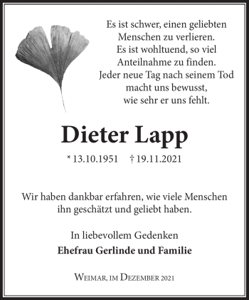 Traueranzeige von Dieter Lapp von Südthüringer Presse