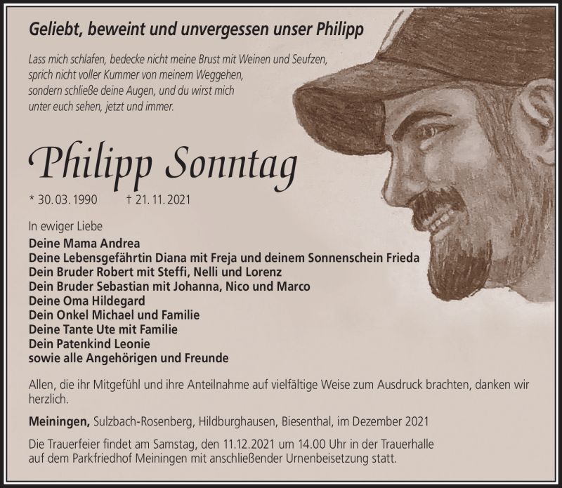  Traueranzeige für Philipp Sonntag vom 04.12.2021 aus Südthüringer Presse
