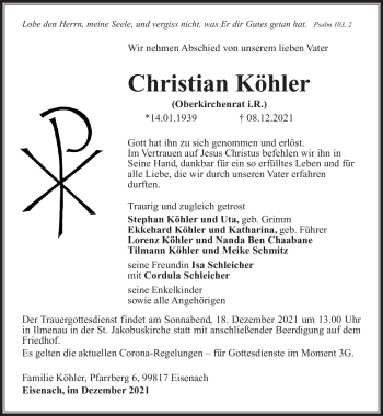 Traueranzeige von Christian Köhler von Südthüringer Presse