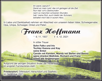 Traueranzeige von Franz Hoffmann von Südthüringer Presse